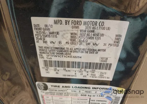 2012 Ford F-150 King Ranch z USA, uszkodzony, nr VIN 1FTFW1CT1CKE32254